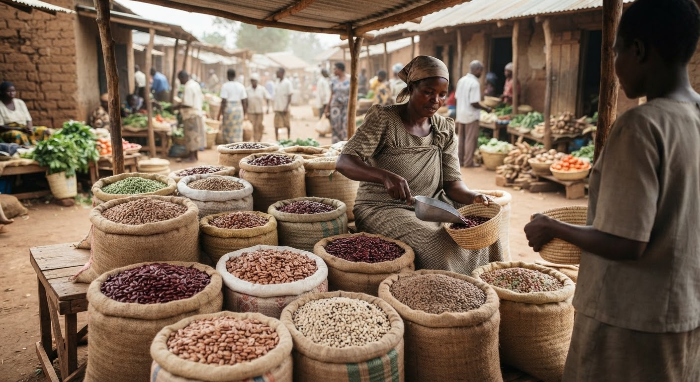 Soko la wakulima barani Afrika likiwa na magunia ya mbegu mbalimbali, zikiwemo kunde na maharagwe, vyanzo bora vya protini.