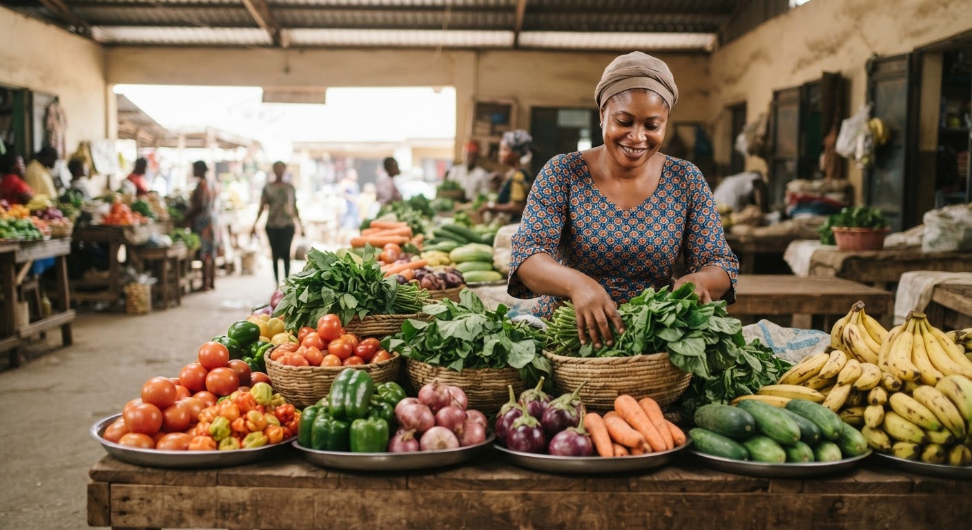 Awoṣe ọja Naijiria ti o kun fun oniruru ẹfọ ati eso.