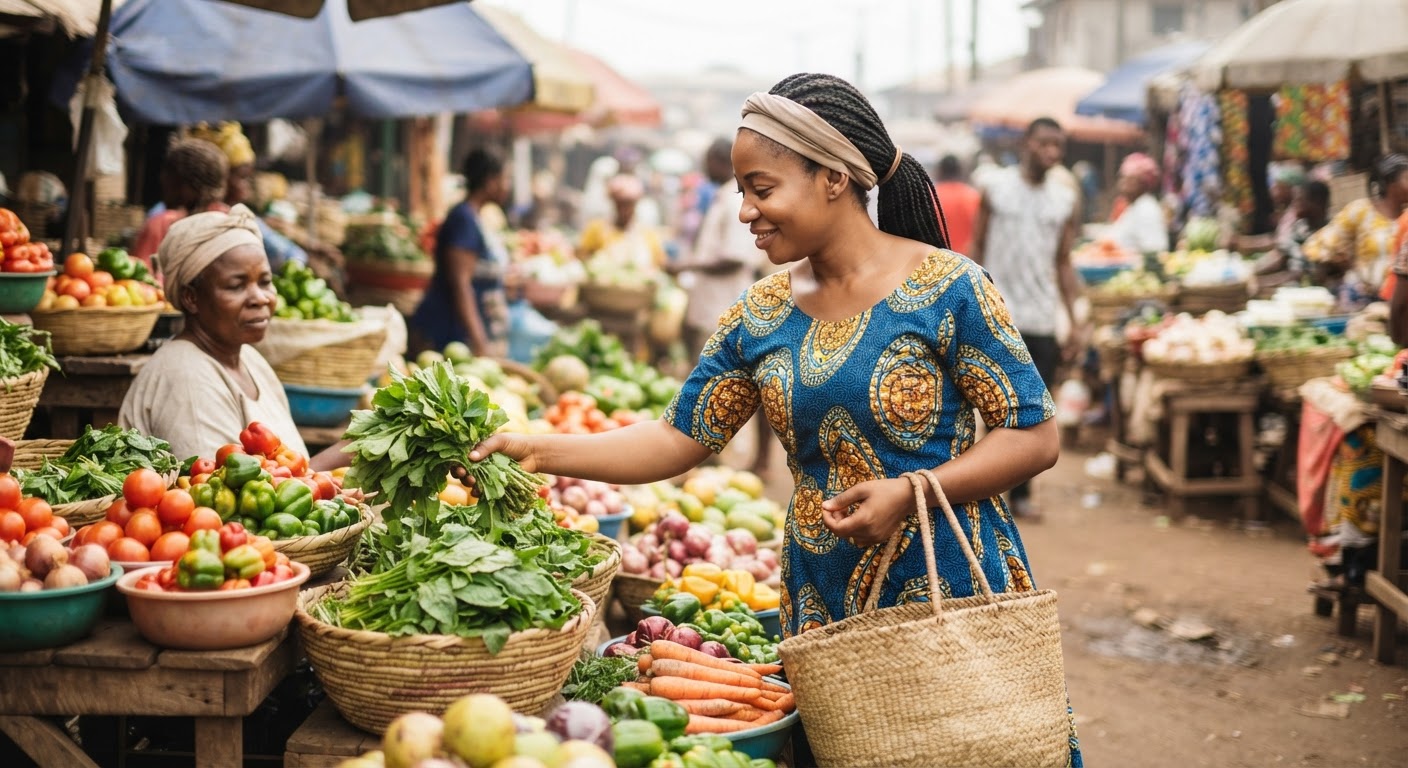 Onisowo ni ọja Naijiria ti n ra awọn ẹfọ ati eso, ti o n pese awọn aṣayan ilera fun ounjẹ.