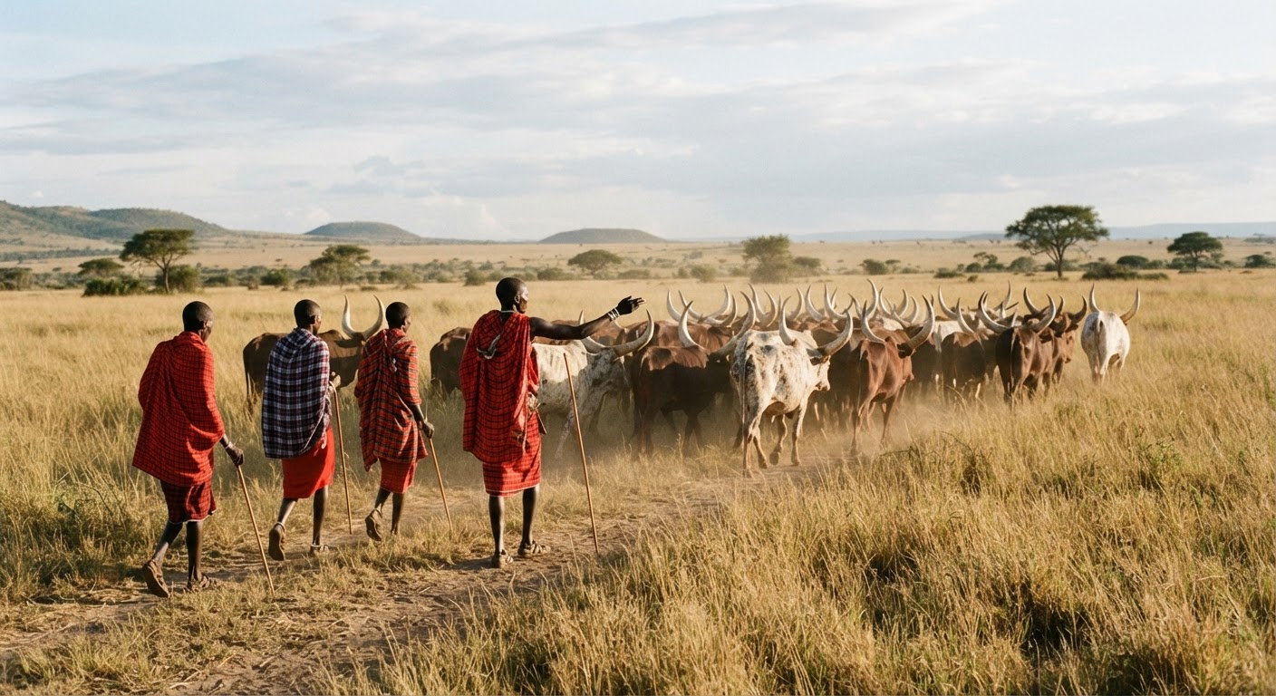 Wachungaji wa Kimasai wakiendesha mifugo yao katika savana, mfumo wa jadi unaojumuisha uhusiano wa karibu na mazingira.