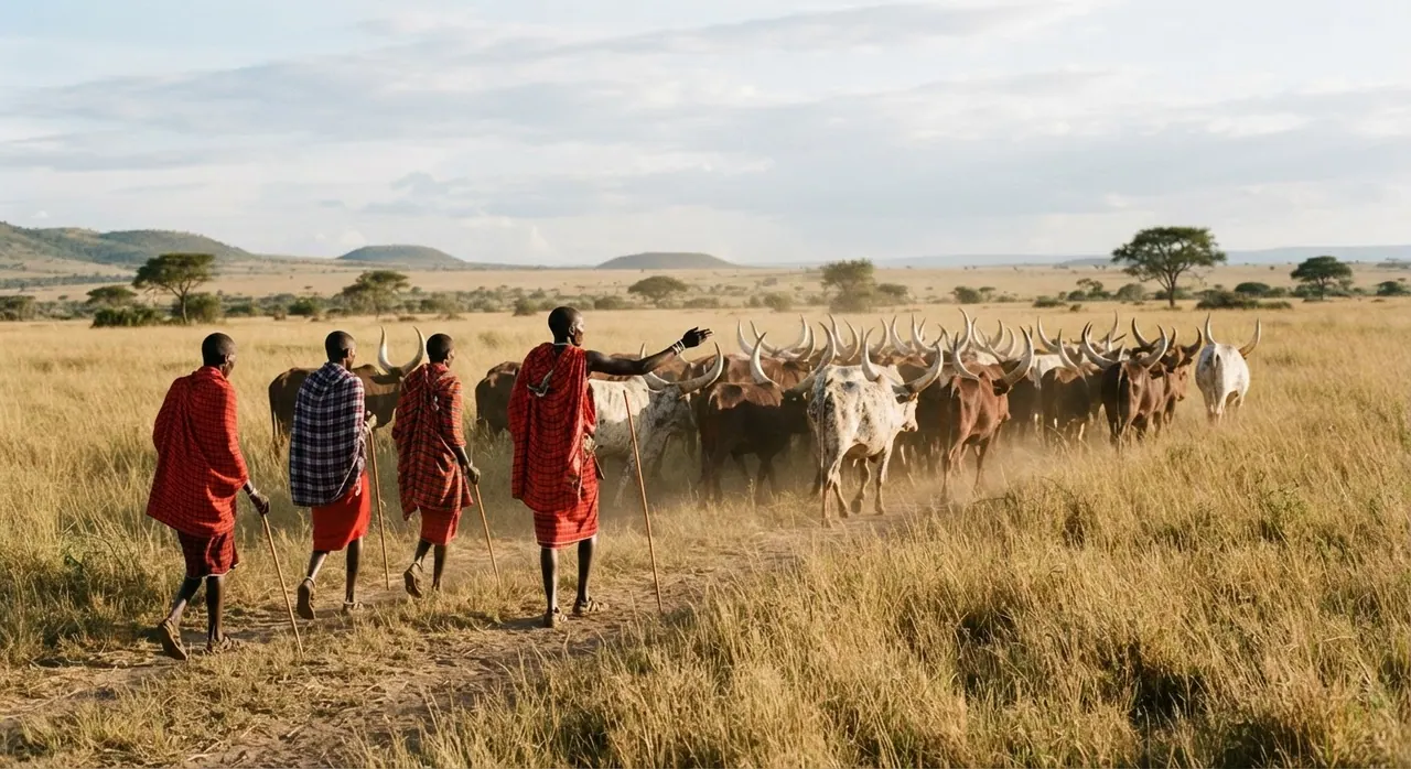 Wachungaji wa Kimasai wakiendesha mifugo yao katika savana, mfumo wa jadi unaojumuisha uhusiano wa karibu na mazingira.