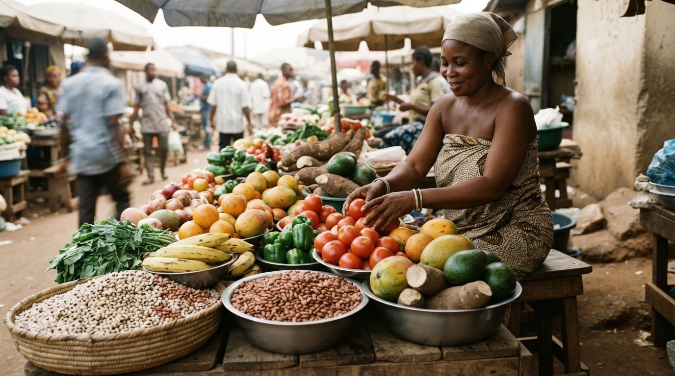 Àwọn èso àti ẹ̀wà tí wọ́n tò jọ̀wọ̀ lórí ilé ìtàjà kan ní Nàìjíríà.