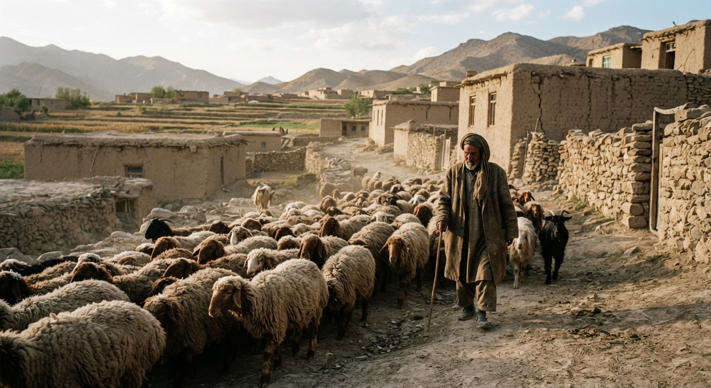 گله گوسفند در یک روستای افغانستانی