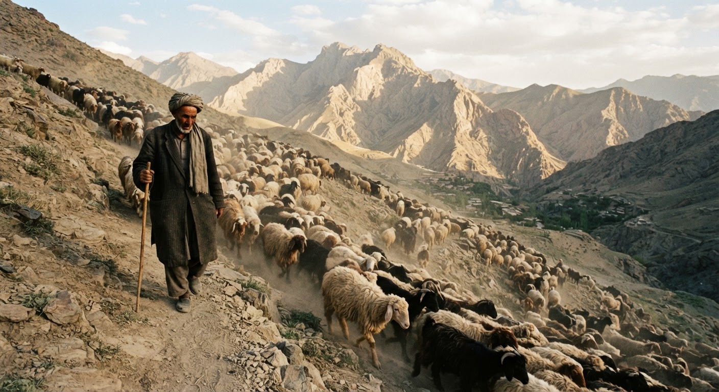 چوپانی افغانستانی در حال هدایت گله گوسفند در مناطق کوهستانی.