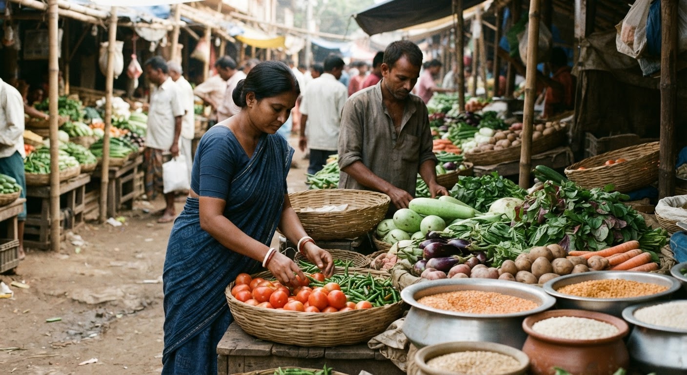 পশ্চিমবঙ্গের স্থানীয় বাজারে টাটকা সবজি ও ডাল