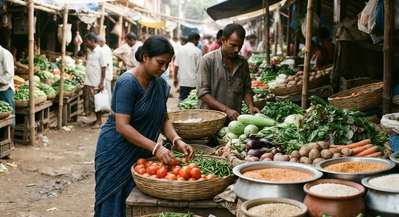 পশ্চিমবঙ্গের স্থানীয় বাজারে টাটকা সবজি ও ডাল