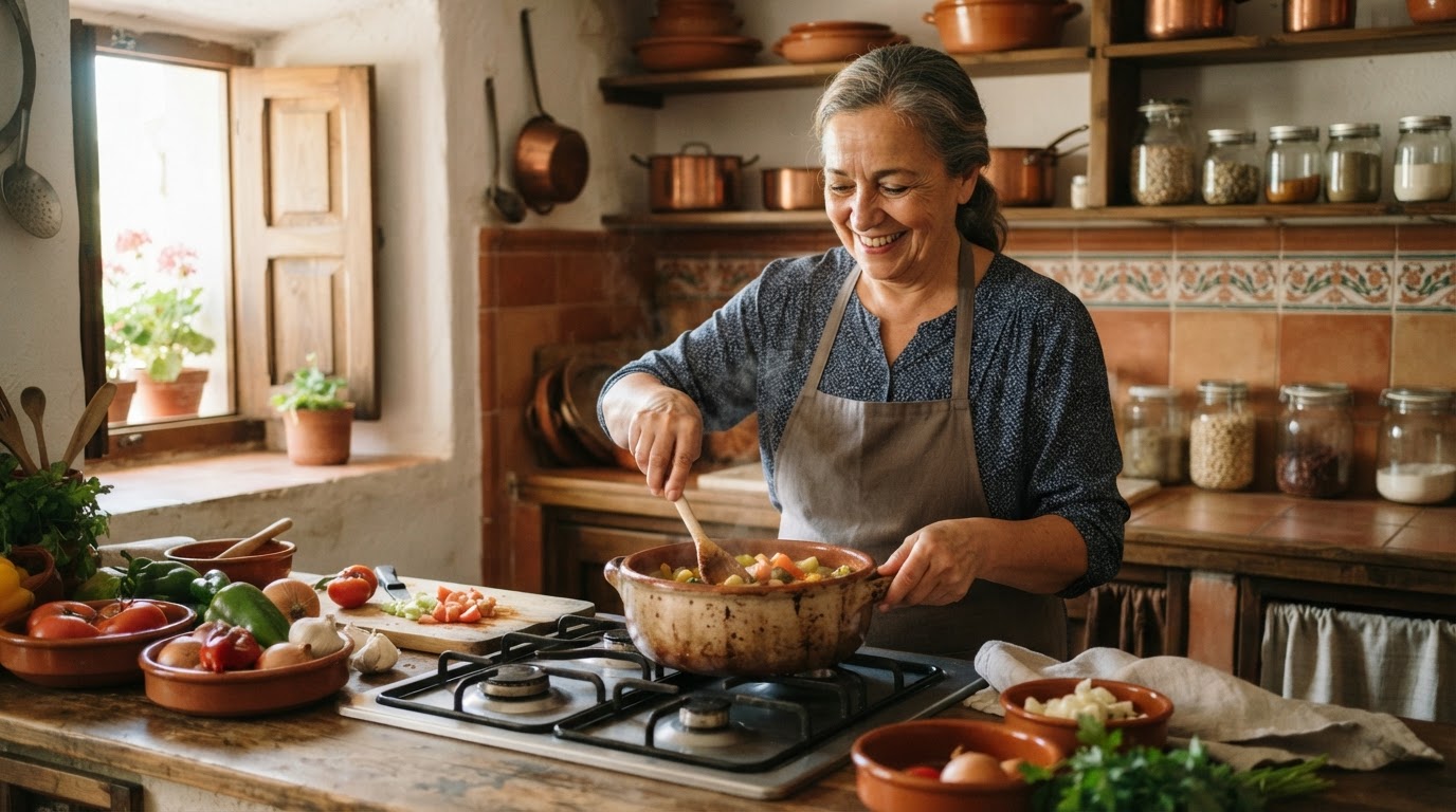 Mujer mayor sonriendo mientras cocina en una cocina luminosa y tradicional española.