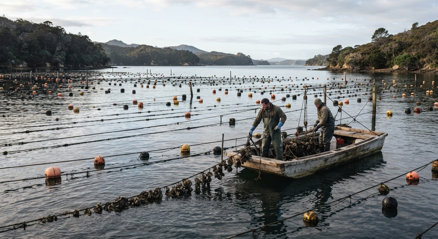 An oyster farm in a coastal area, with numerous ropes and buoys indicating cultivation.