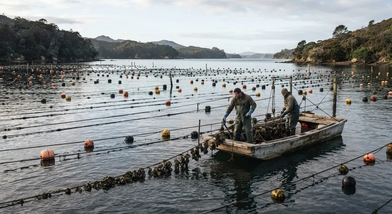 An oyster farm in a coastal area, with numerous ropes and buoys indicating cultivation.