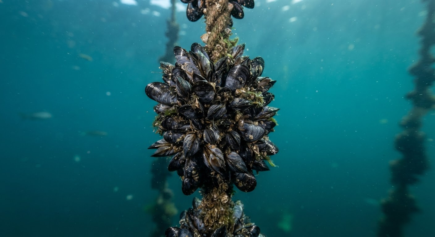 Mussels often grow in dense clusters, filtering water from their anchored positions.