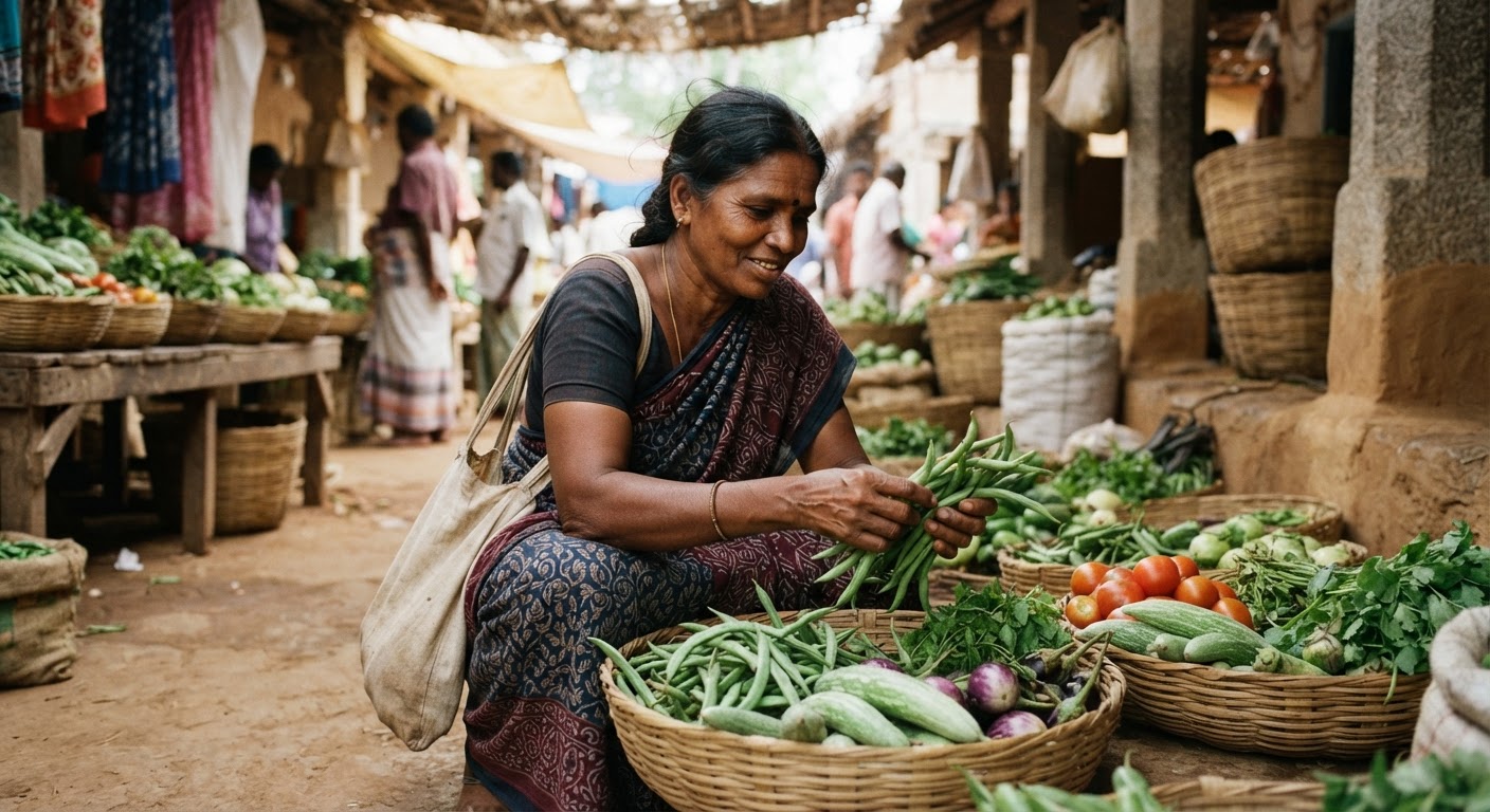 தமிழ்நாட்டில் ஒரு பெண் விவசாயி சந்தையில் இயற்கை காய்கறிகளை ஆய்வு செய்கிறார்