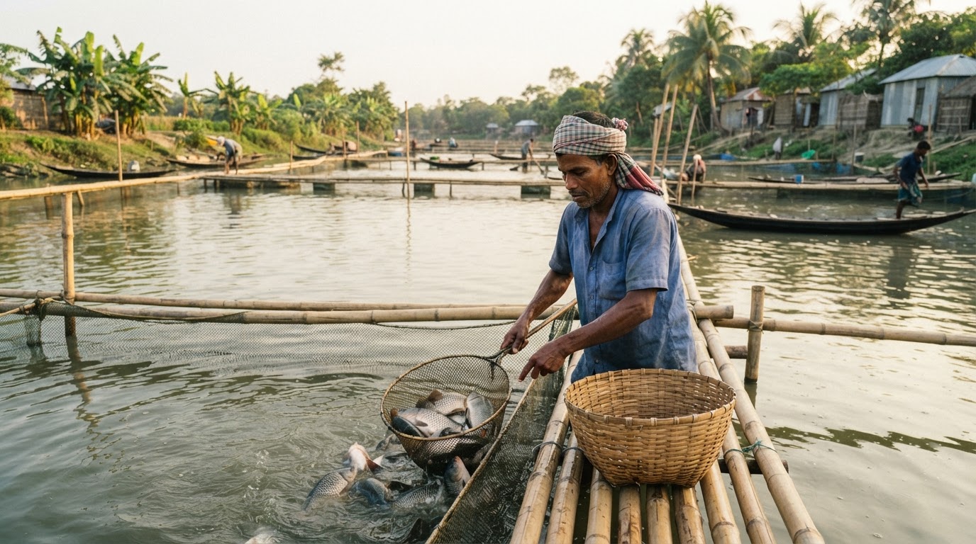 বাংলাদেশের নদীমাতৃক অঞ্চলে মাছ চাষের দৃশ্য
