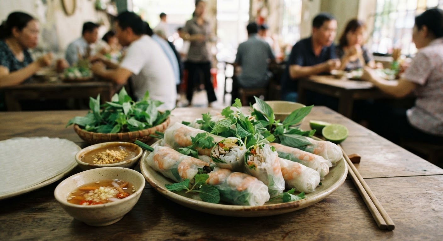 Đĩa gỏi cuốn tươi ngon với nhiều loại rau thơm và bún