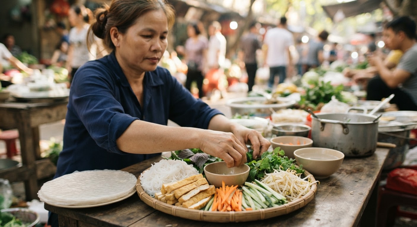 Các nguyên liệu tươi ngon làm nên gỏi cuốn chay: bún, đậu hũ, rau thơm các loại.