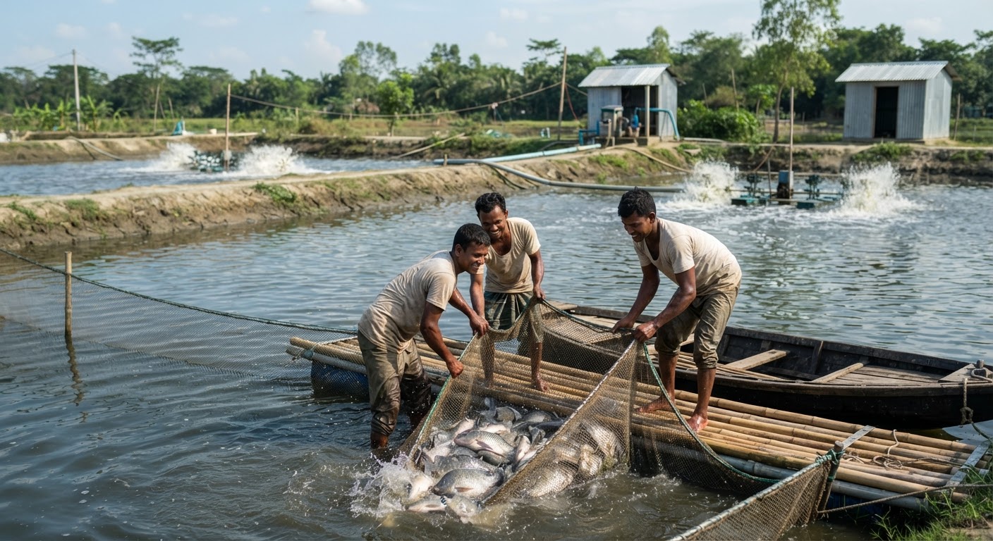 আধুনিক প্রযুক্তিতে মাছ চাষের একটি খামার।