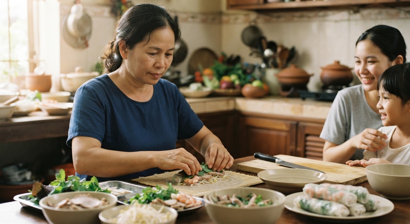 Việc chuẩn bị gỏi cuốn chay tại nhà là một hoạt động thú vị cho cả gia đình.