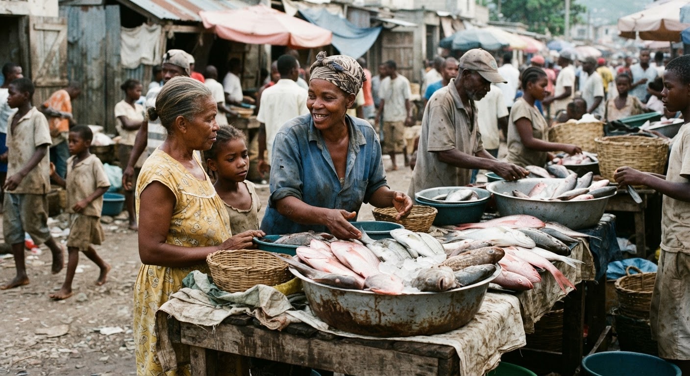 Yon mache pwason nan Ayiti, kote pwason fre yo vann bay kominote a.