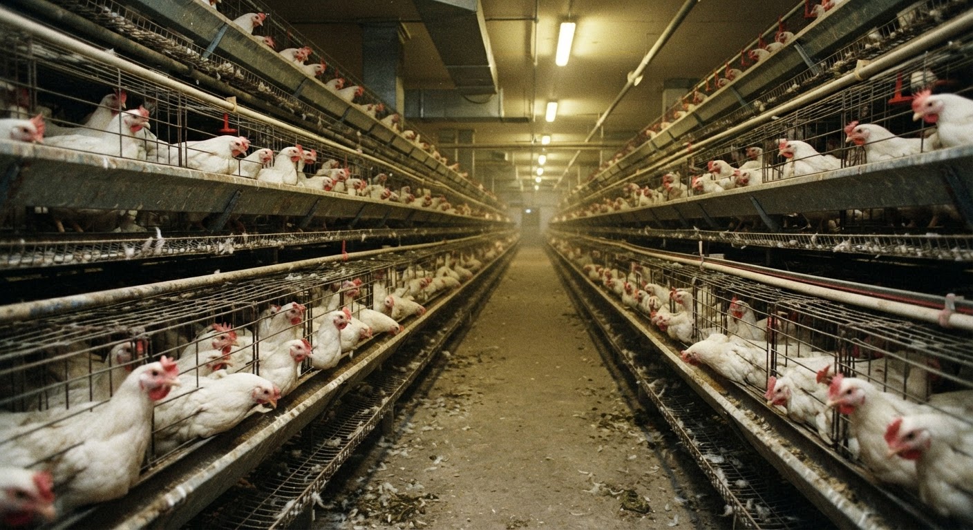 Maraming manok na nakakulong sa hawla sa isang malaking poultry farm.