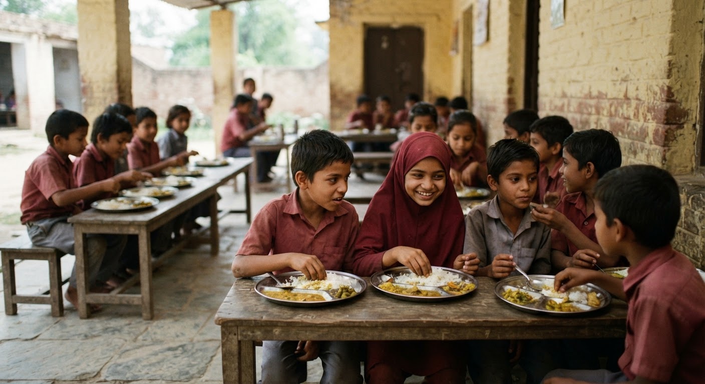 جنوبی ایشیا کے اسکول میں بچے لنچ کرتے ہوئے