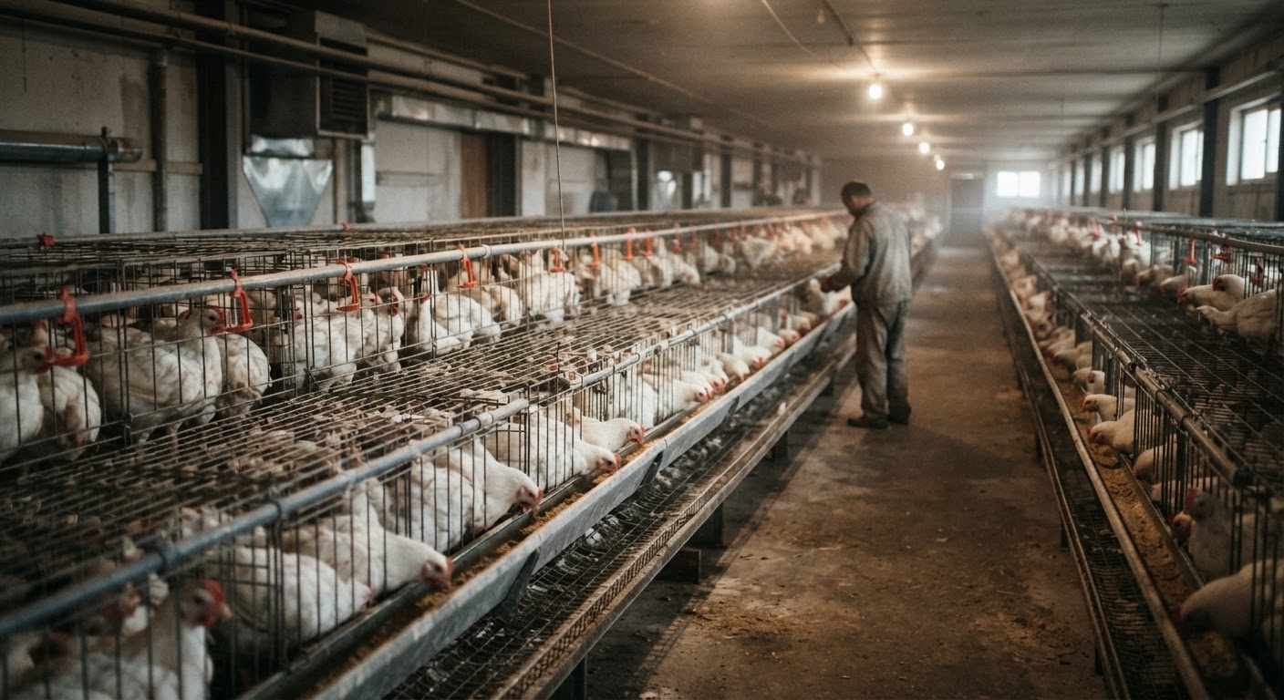 Loob ng isang modernong poultry farm na may mga hawla para sa manok.