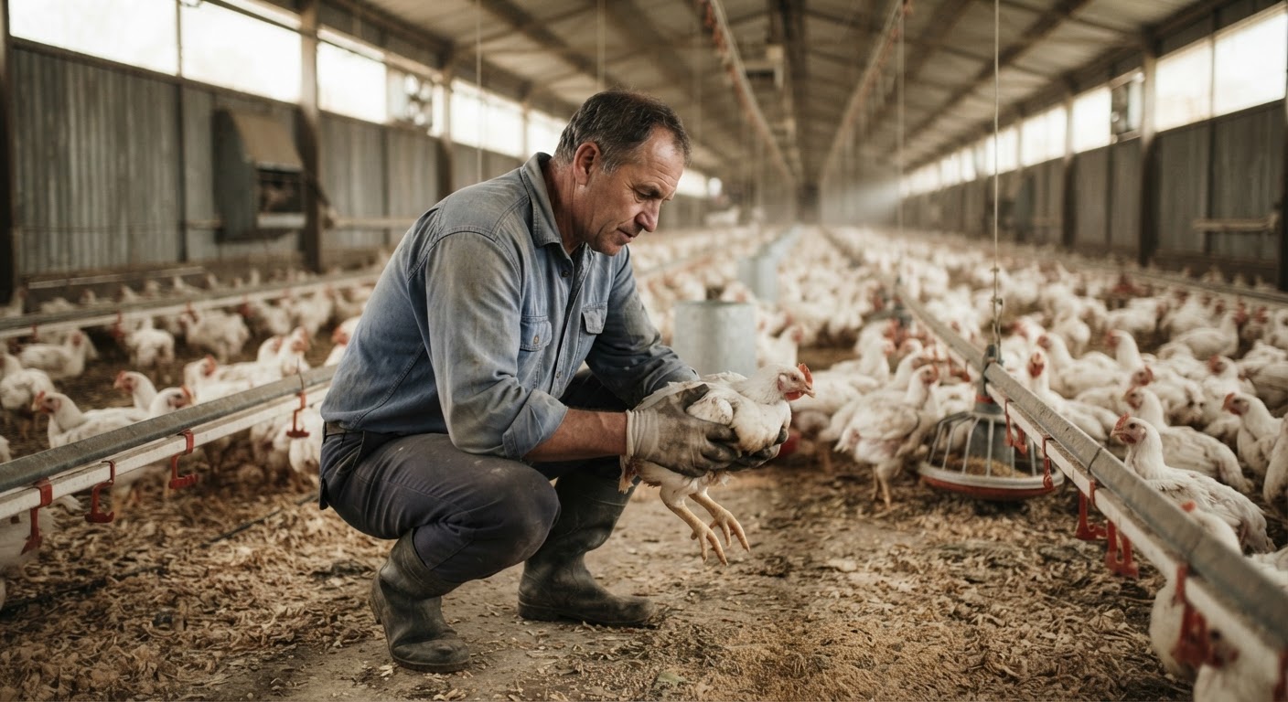 Isang magsasaka na sinusuri ang kalusugan ng kanyang mga manok.