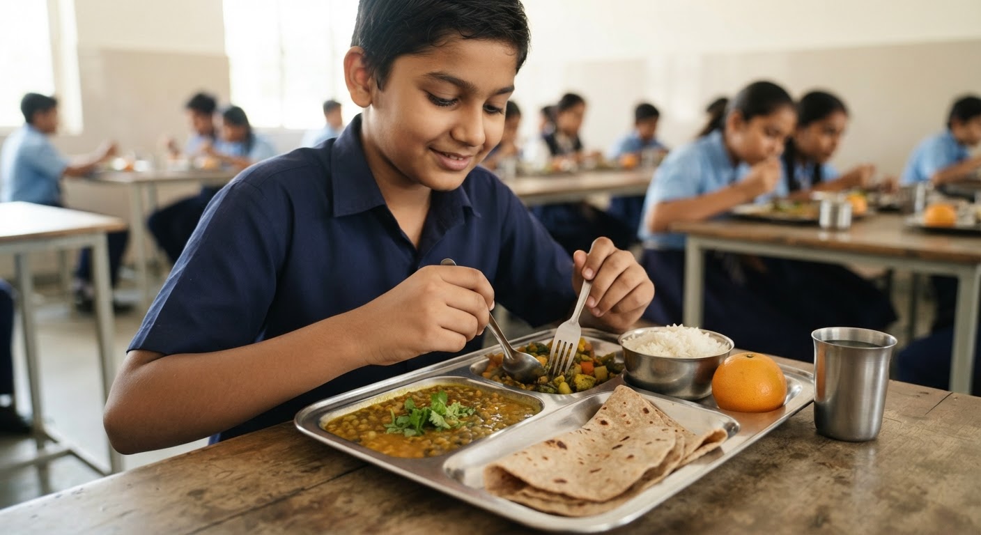 صحت بخش سبزی خور لنچ کی ایک مثال، جس میں دال، سبزی اور روٹی شامل ہے۔