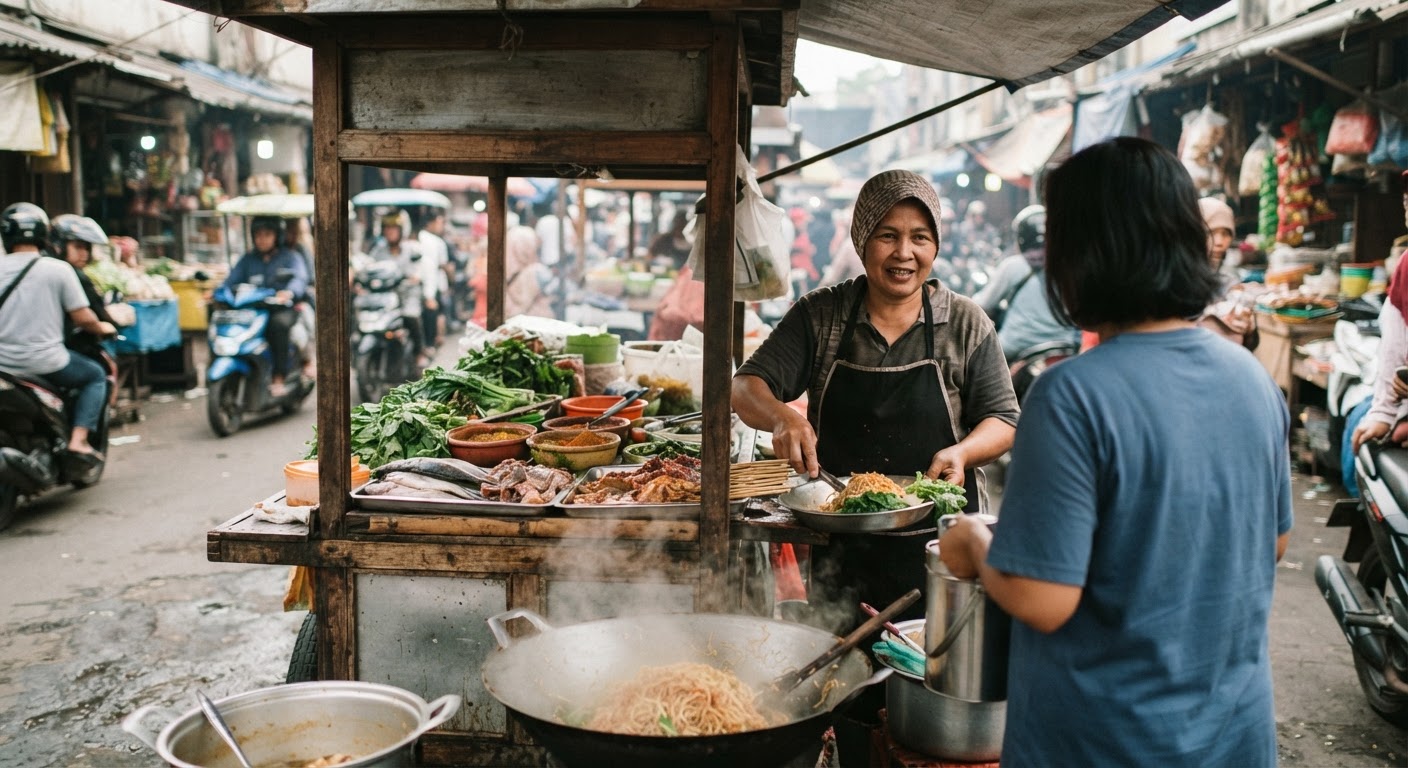 Kedai makanan di pasar jalanan Jakarta yang ramai, menawarkan berbagai macam produk segar.