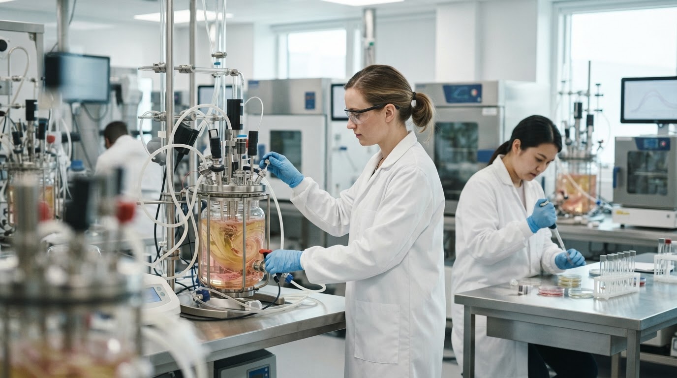 Ein steriles Labor mit Reagenzgläsern und Bioreaktoren, Symbol für die Herstellung von kultiviertem Fleisch.