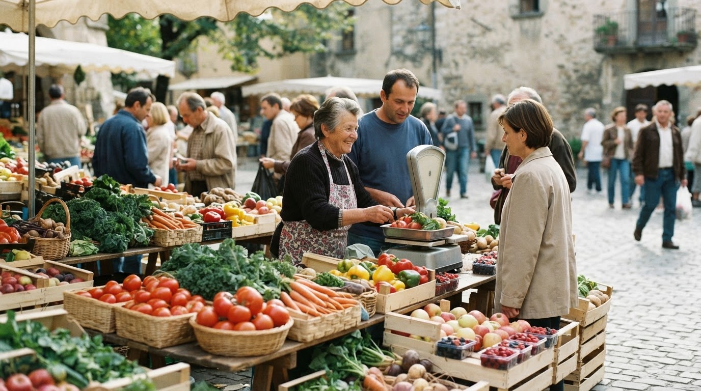 Un marché fermier animé rempli de légumes et fruits frais colorés.