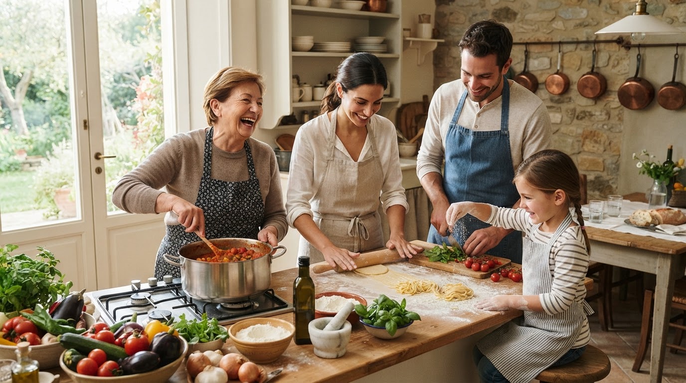 Famiglia italiana che cucina insieme in una cucina luminosa e accogliente, con ingredienti freschi sul bancone.