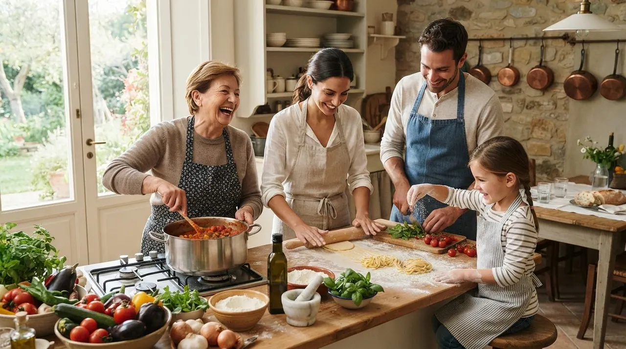 Famiglia italiana che cucina insieme in una cucina luminosa e accogliente, con ingredienti freschi sul bancone.