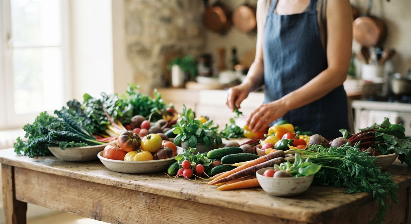 Une table garnie de légumes frais et colorés, invitant à la créativité culinaire.