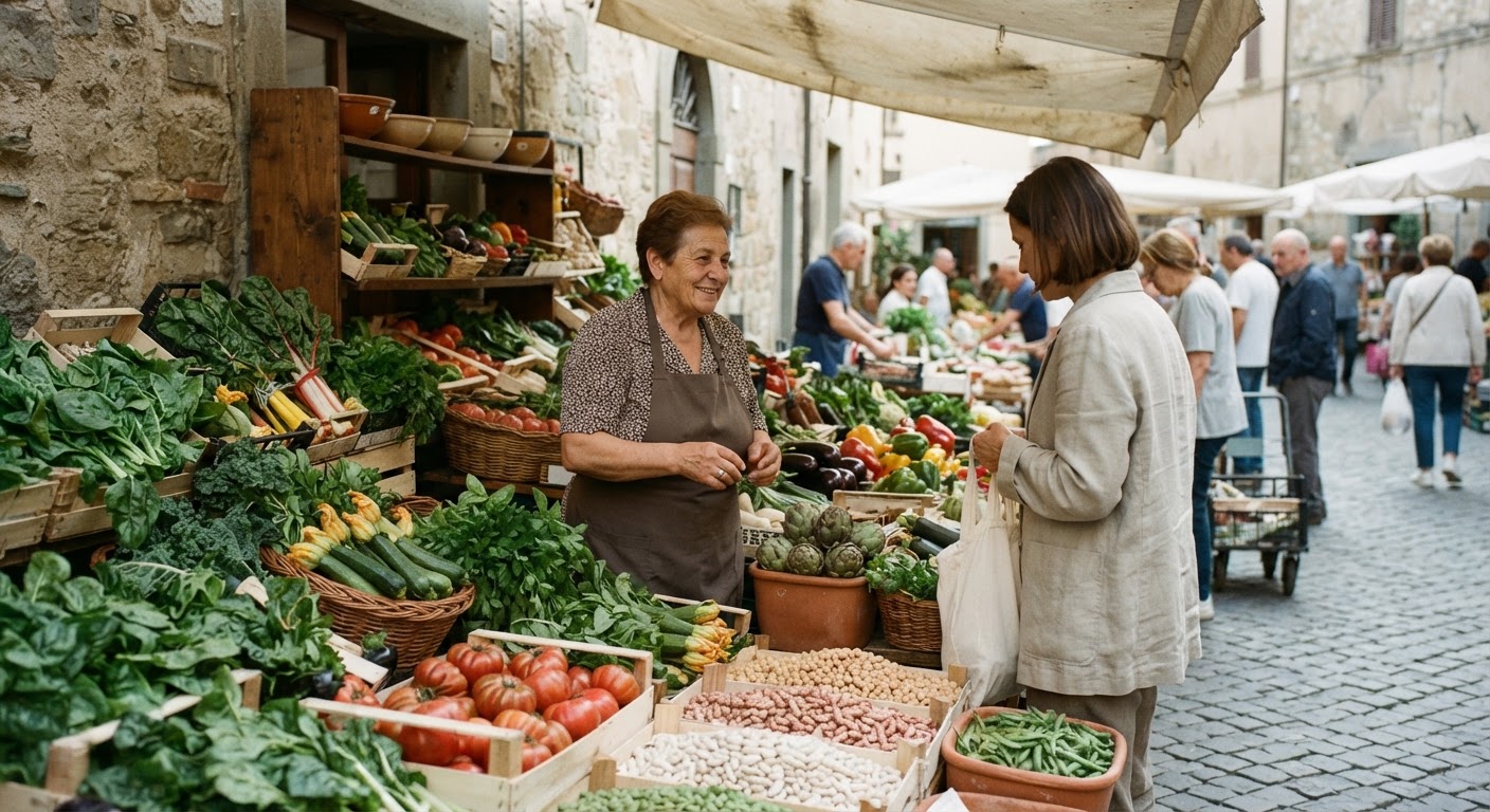 Mercato locale italiano, ricco di verdure di stagione e legumi, una risorsa preziosa per una dieta vegana equilibrata.