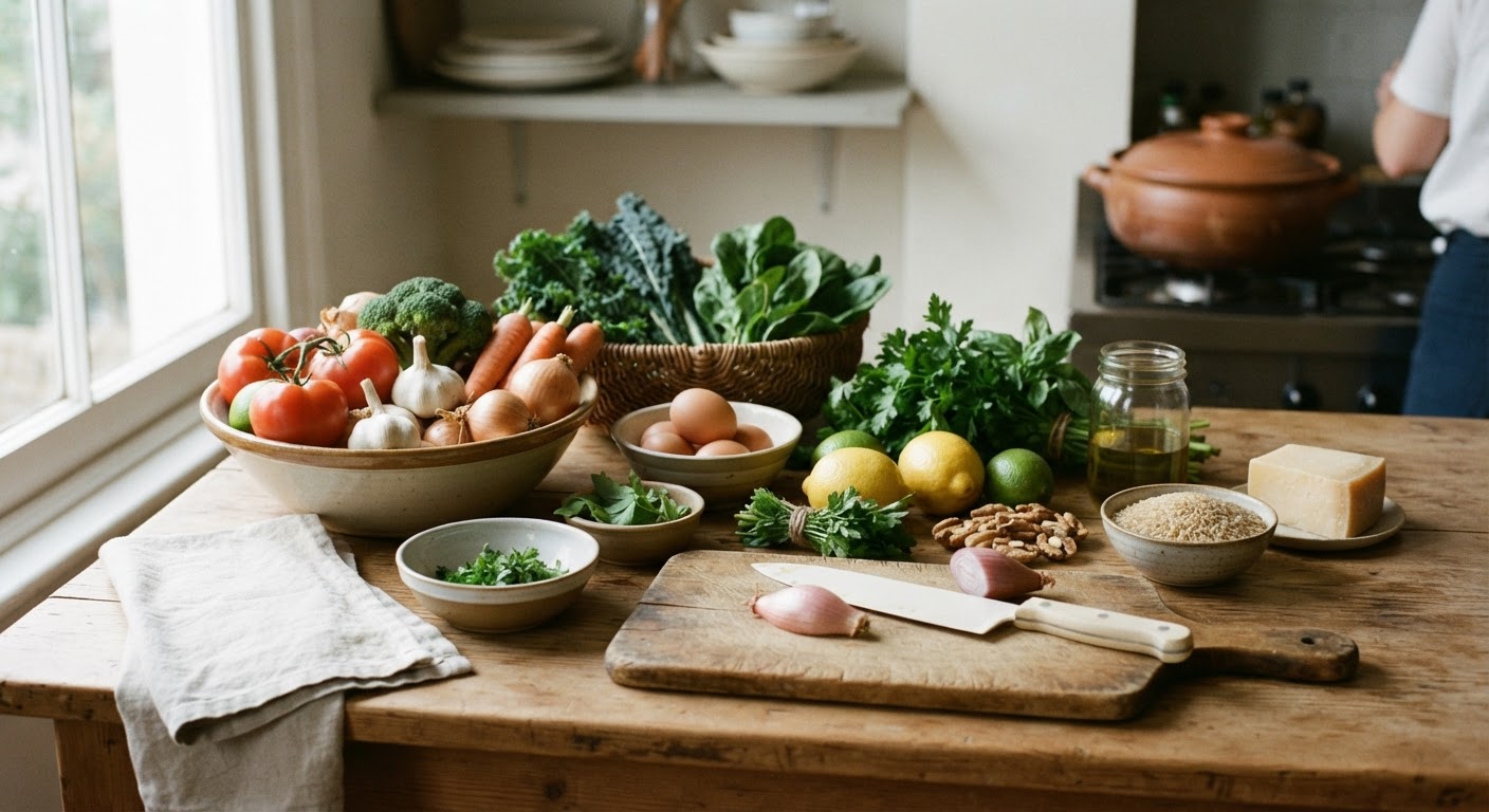Des ingrédients frais et bruts sur un plan de travail de cuisine, prêts pour la préparation de repas sains.