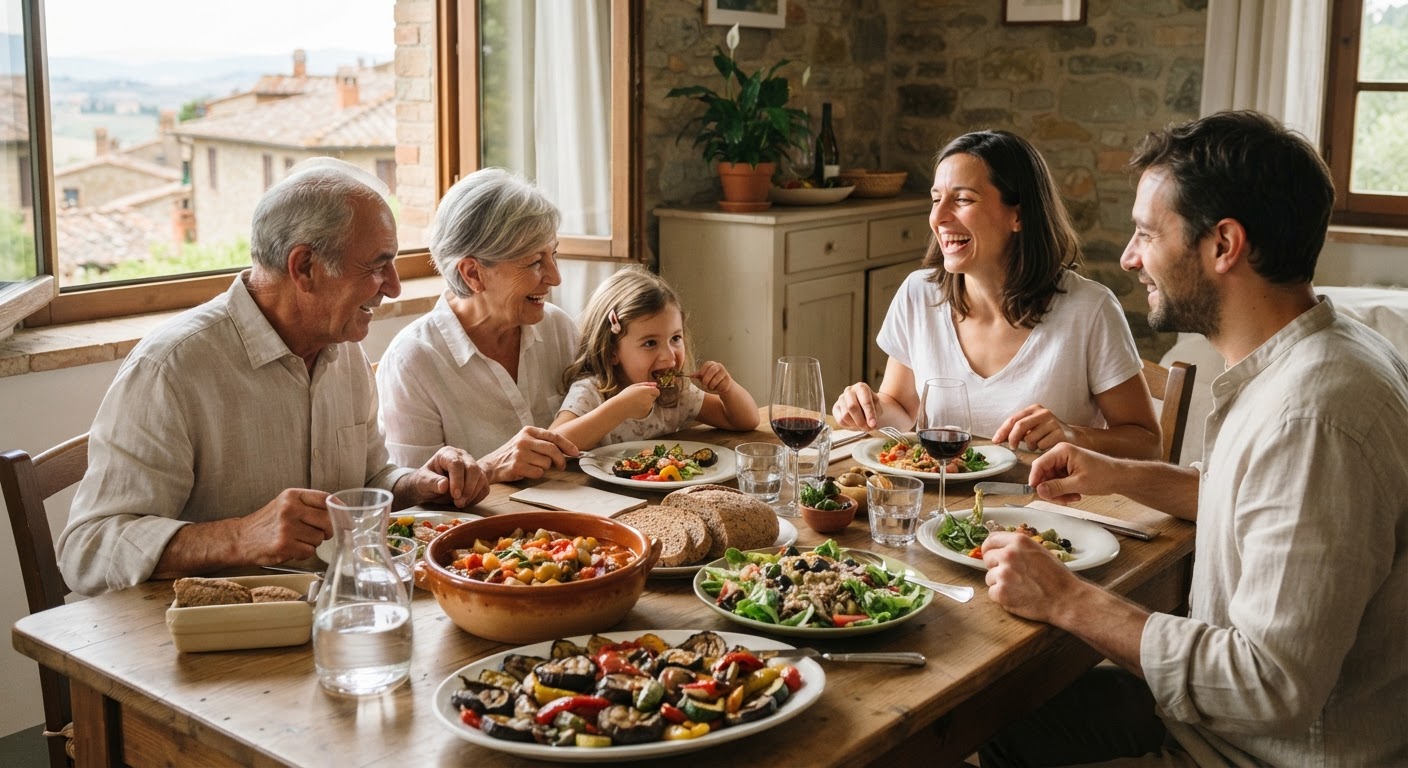 Un momento conviviale in famiglia, dove i piatti vegani vengono apprezzati da tutti, dimostrando la versatilità e il gusto di questa scelta.