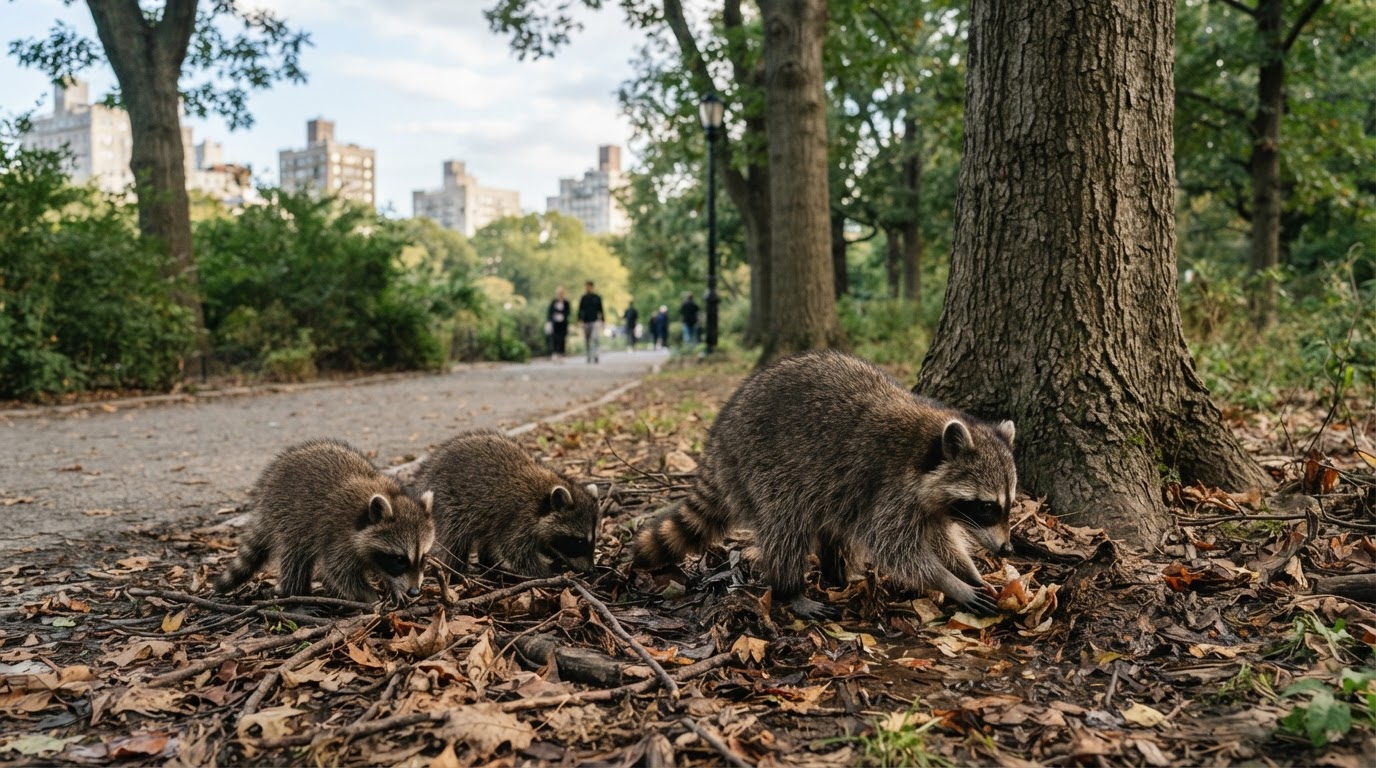 Animais selvagens urbanos a procurar comida num parque da cidade.
