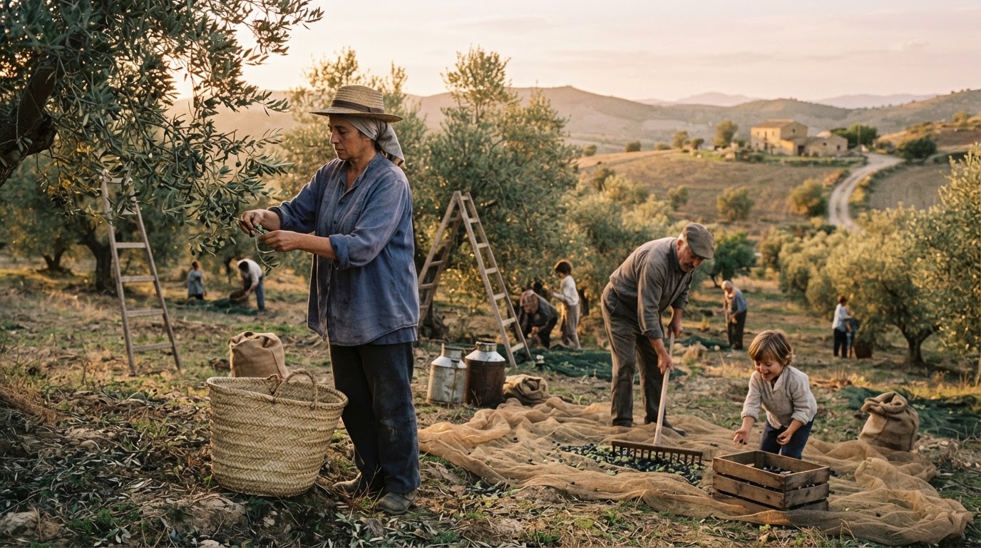 Mujer recolectando aceitunas en un campo español al atardecer.