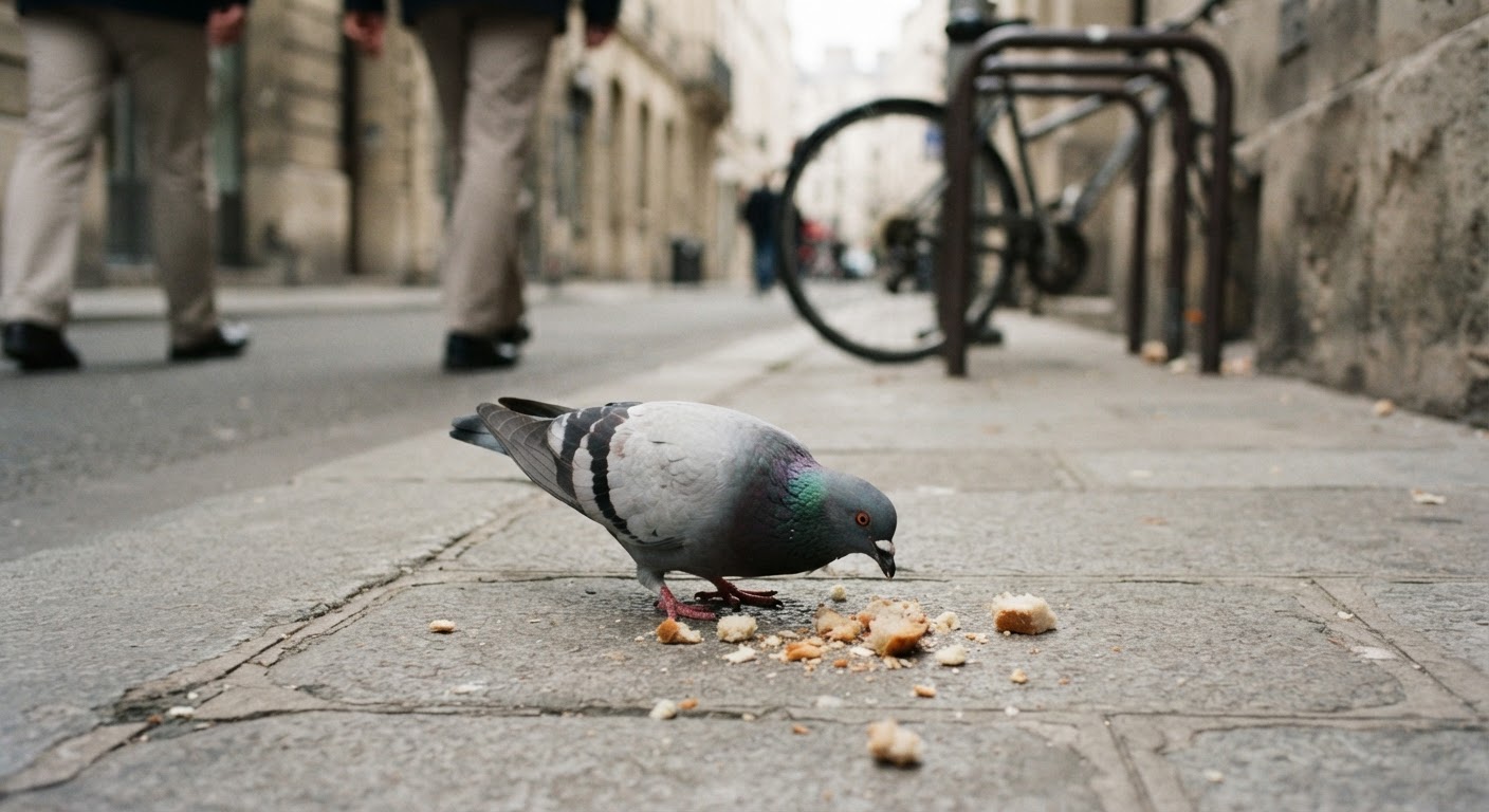 Um pombo a alimentar-se de restos de comida numa rua urbana, demonstrando adaptabilidade alimentar.