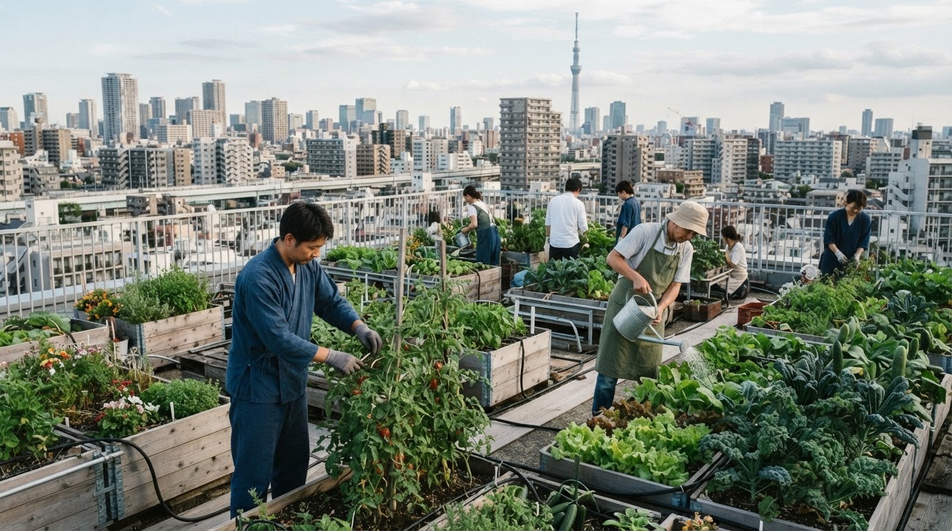 東京の都市農園、屋上菜園の風景