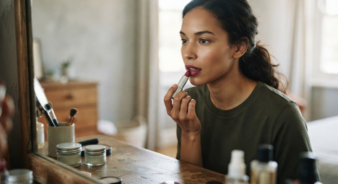 A woman with clear skin applies lipstick, with a blurred background of cosmetic products.
