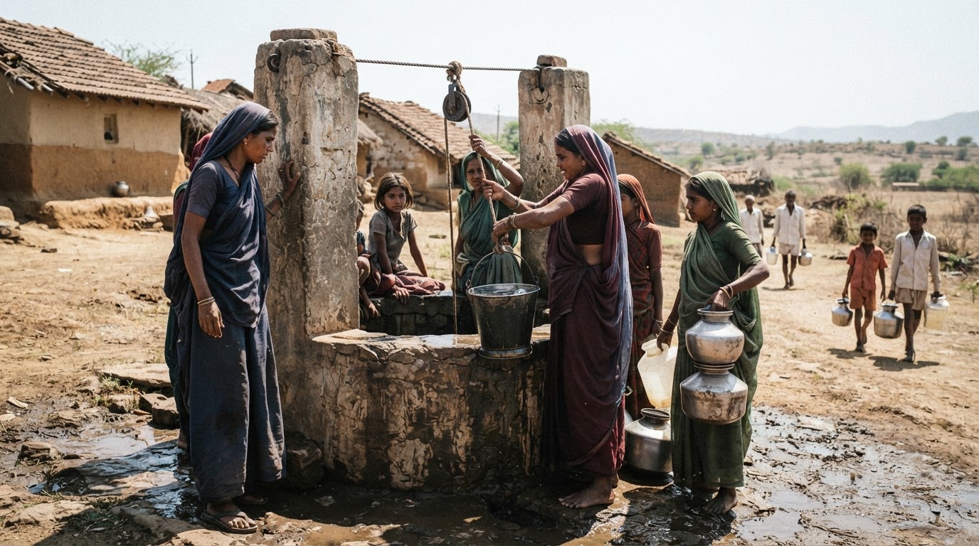 भारत के एक गांव में पानी की कमी का चित्रण