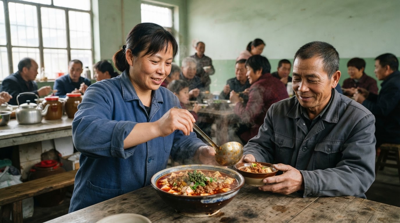 一碗冒着热气、色泽红亮的麻婆豆腐