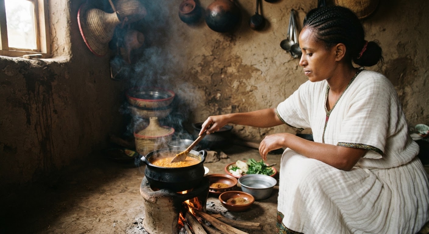 የኢትዮጵያ ሴት በባህላዊ ማእድ ቤት ውስጥ የሽምብራ ወጥ የምትሰራ