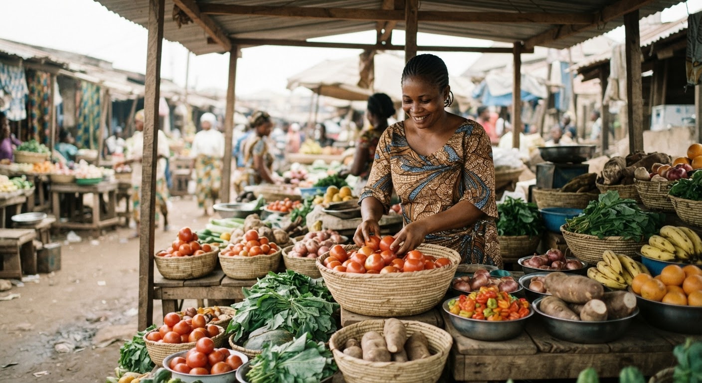 Ọjà Nàìjíríà tí ó kún fún èso àti ẹ̀fọ́ tòótòòtó