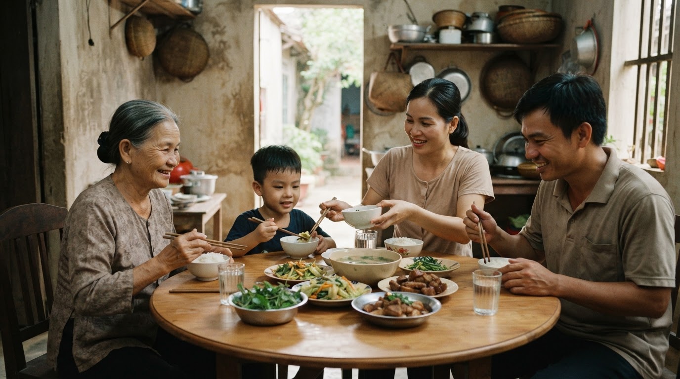 Gia đình Việt Nam đang quây quần ăn bữa trưa ấm cúng