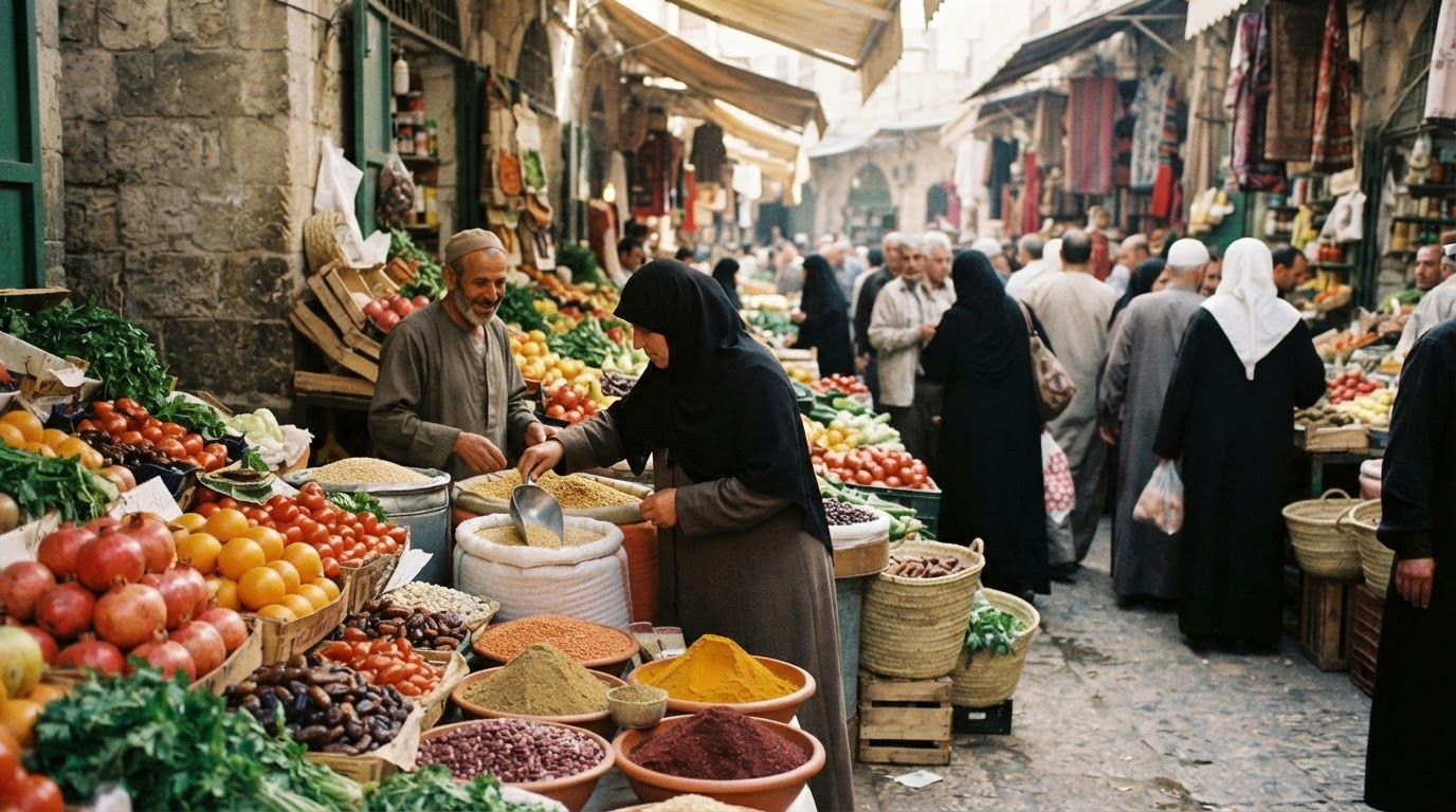 سوق شرق أوسطي يعرض منتجات طازجة وحبوبًا