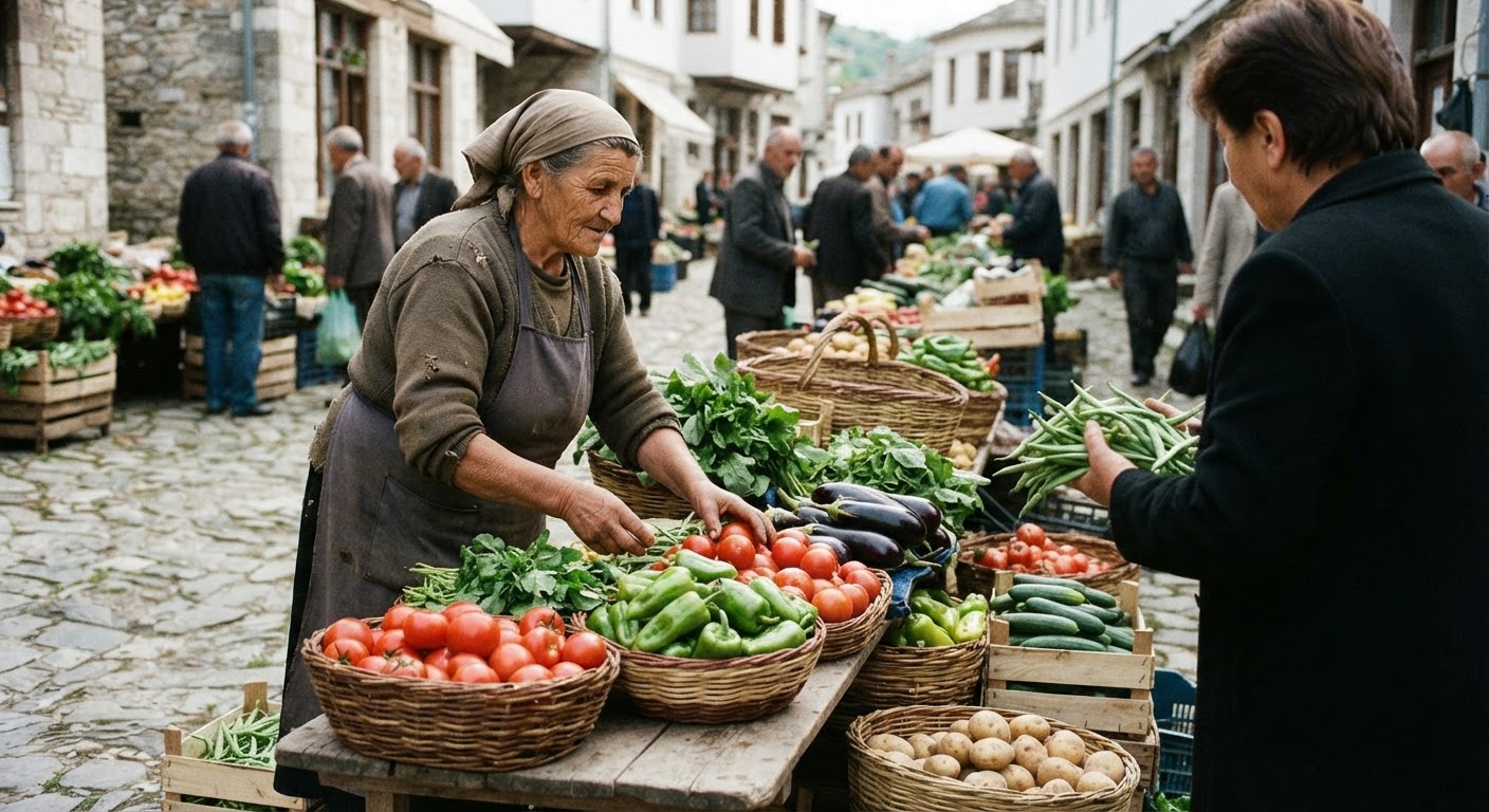 Treg frutash dhe perimesh të freskëta në Shqipëri.