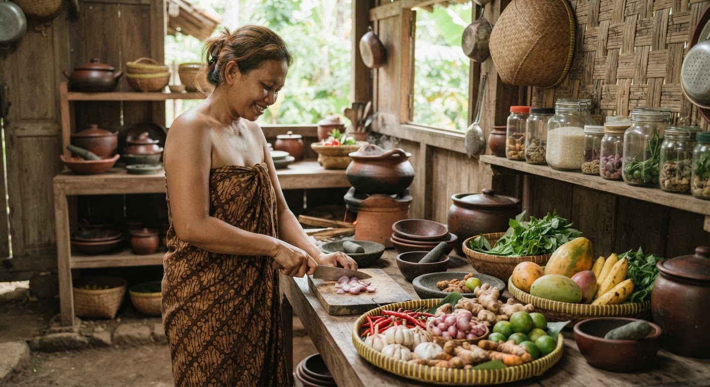 Dapur Indonesia yang rapi dengan berbagai bahan alami seperti beras, rempah-rempah, dan buah-buahan tropis