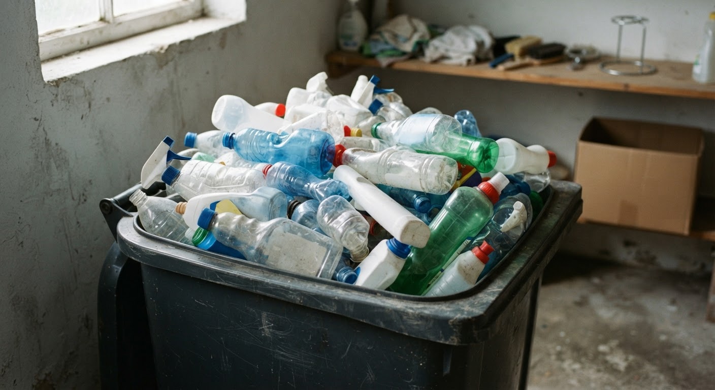 Tumpukan botol plastik bekas produk pembersih rumah tangga yang berpotensi mencemari lingkungan.