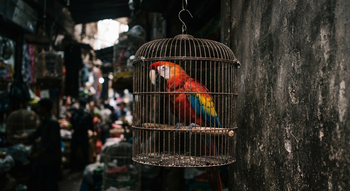 Pappagallo colorato in una gabbia, simbolo del commercio di animali esotici.